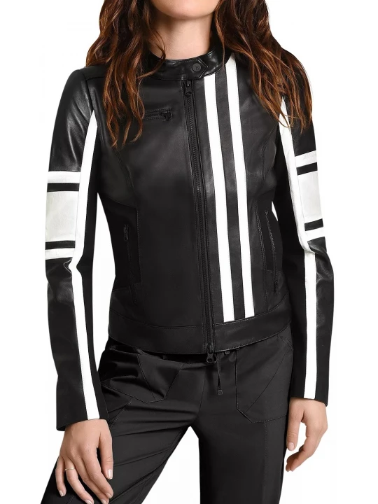 Strips Detailing Black Leather Racer Jacket
