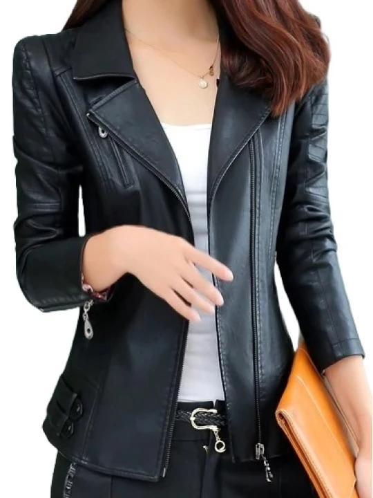 Womens Zipper Moto Original Sheepskin Black Leather Motorcycle Biker Jacket