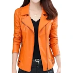 Womens Zipper Moto Original Sheepskin Leather Orange Motorcycle Biker Jacket