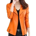 Womens Zipper Moto Original Sheepskin Leather Orange Motorcycle Biker Jacket