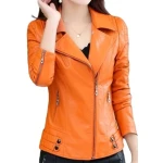 Womens Zipper Moto Original Sheepskin Leather Orange Motorcycle Biker Jacket