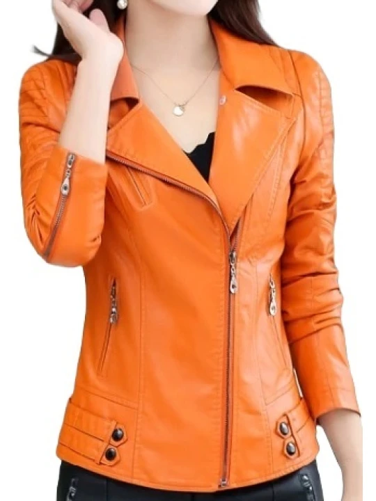 Womens Zipper Moto Original Sheepskin Leather Orange Motorcycle Biker Jacket