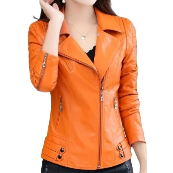 Womens Zipper Moto Original Sheepskin Leather Orange Motorcycle Biker Jacket