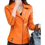 Womens Zipper Moto Original Sheepskin Leather Orange Motorcycle Biker Jacket