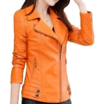 Womens Zipper Moto Original Sheepskin Leather Orange Motorcycle Biker Jacket