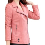 Womens Zipper Moto Pink Original Sheepskin Leather Motorcycle Biker Jacket