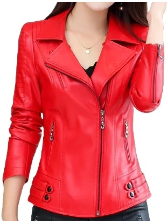 Womens Zipper Moto Original Sheepskin Red Leather Motorcycle Biker Jacket