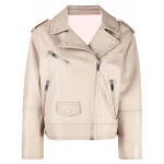 Zip Up Beige Leather Biker Jacket