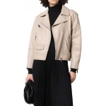 Zip Up Beige Leather Biker Jacket