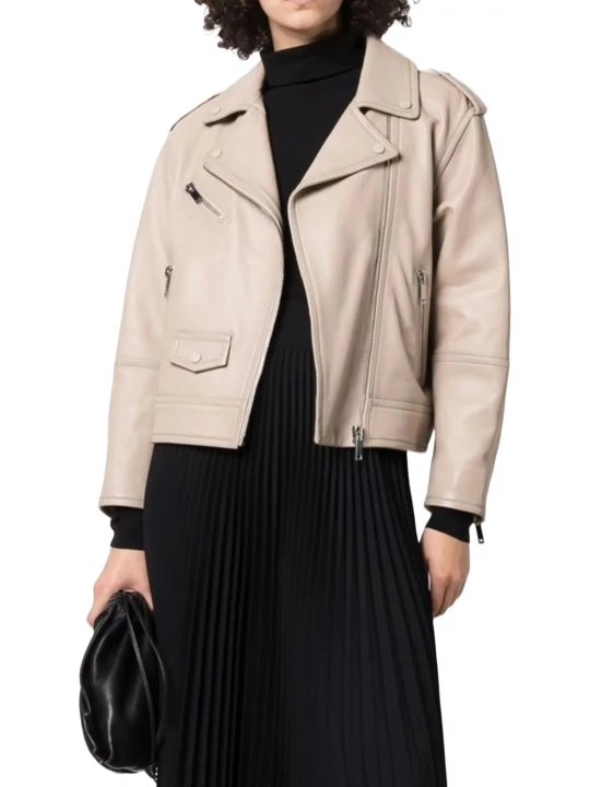 Zip Up Beige Leather Biker Jacket