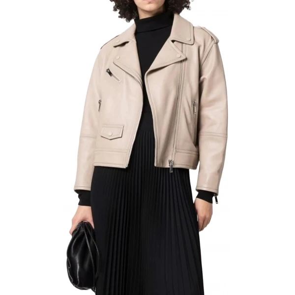 Zip Up Beige Leather Biker Jacket