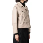 Zip Up Beige Leather Biker Jacket