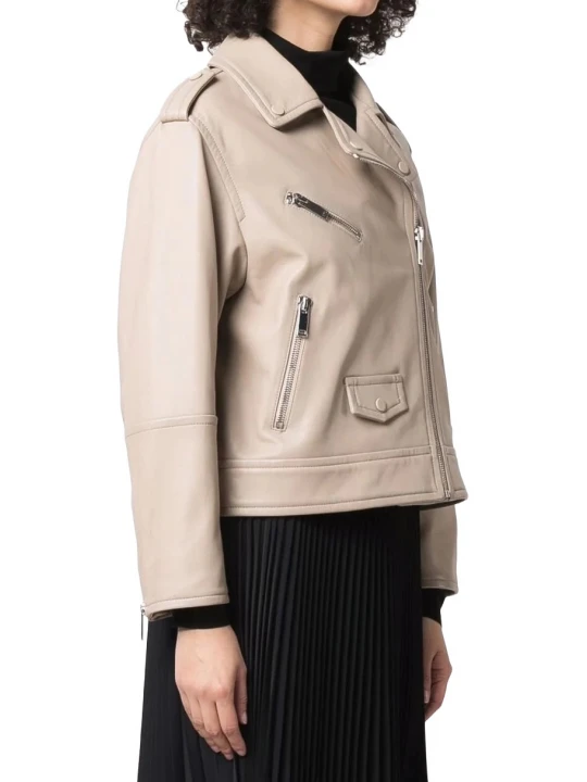 Zip Up Beige Leather Biker Jacket