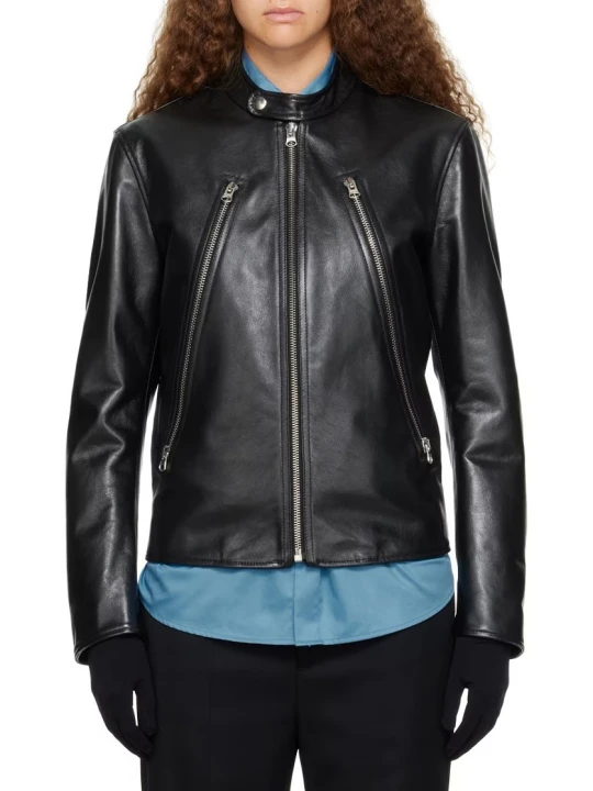 Zipper Detailing Black Leather Moto Jacket