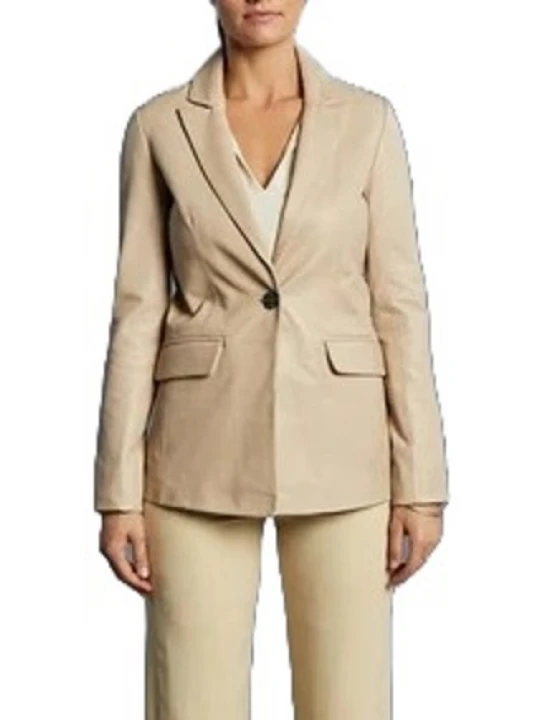 Beige Leather One Button Blazer