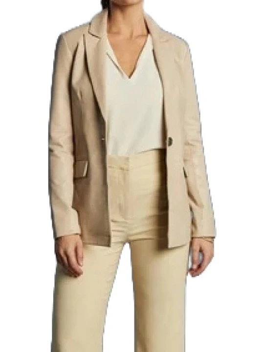 Beige Leather One Button Blazer