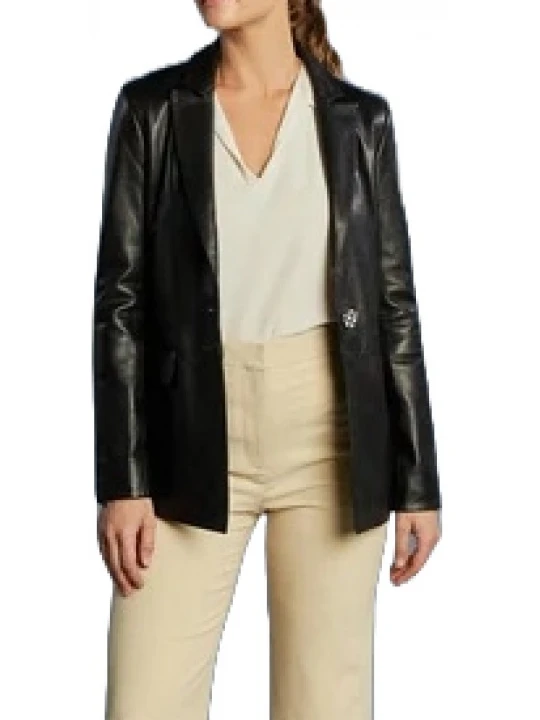 Black Leather One Button Blazer