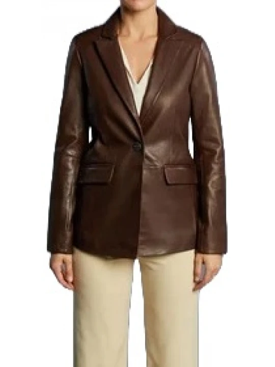 Brown Leather One Button Blazer