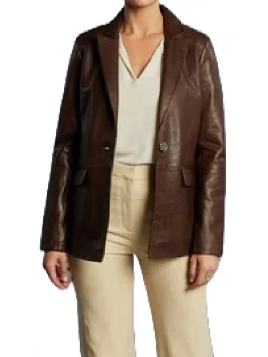Brown Leather One Button Blazer