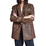 Button Cuff Brown Leather Blazer