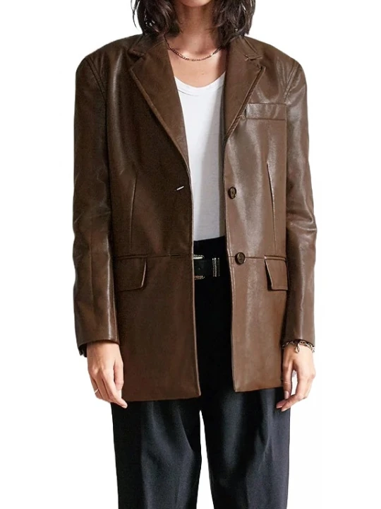 Button Cuff Brown Leather Blazer