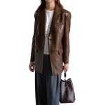 Button Cuff Brown Leather Blazer