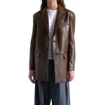 Button Cuff Brown Leather Blazer