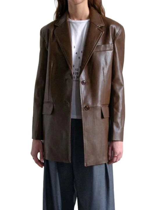 Button Cuff Brown Leather Blazer