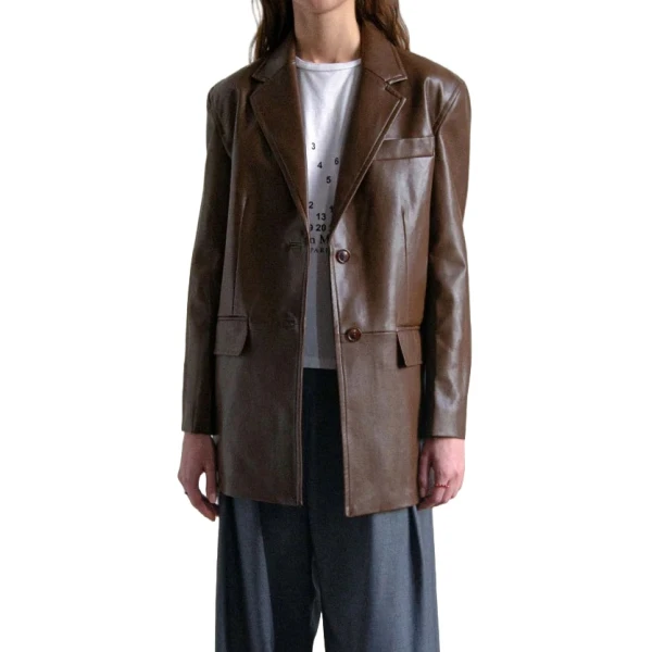 Button Cuff Brown Leather Blazer