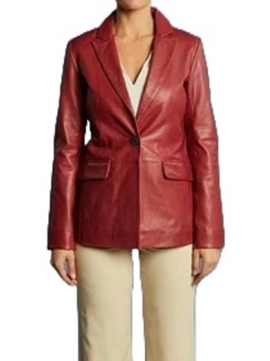Cherry Red Leather One Button Blazer