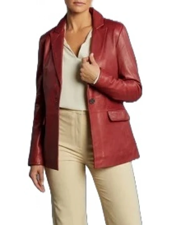 Cherry Red Leather One Button Blazer