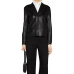 Concealed Front Button Fastening Black Leather Blazer