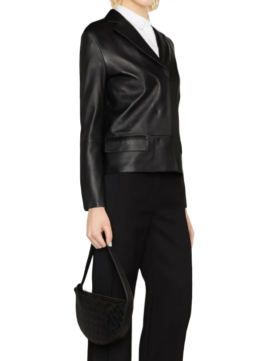 Concealed Front Button Fastening Black Leather Blazer