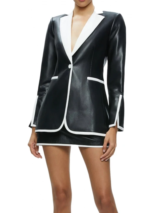 Contrasting Trim Black And White Leather Blazer
