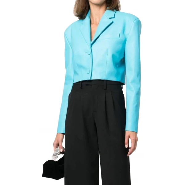 Cropped Blue Leather Blazer