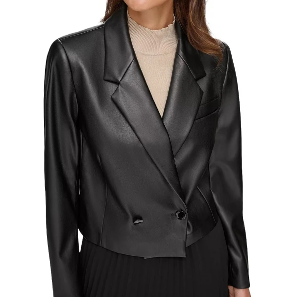 Cropped Double Breasted Black Leather Blazer