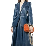 Cross Flap Pockets Blue Leather Blazer