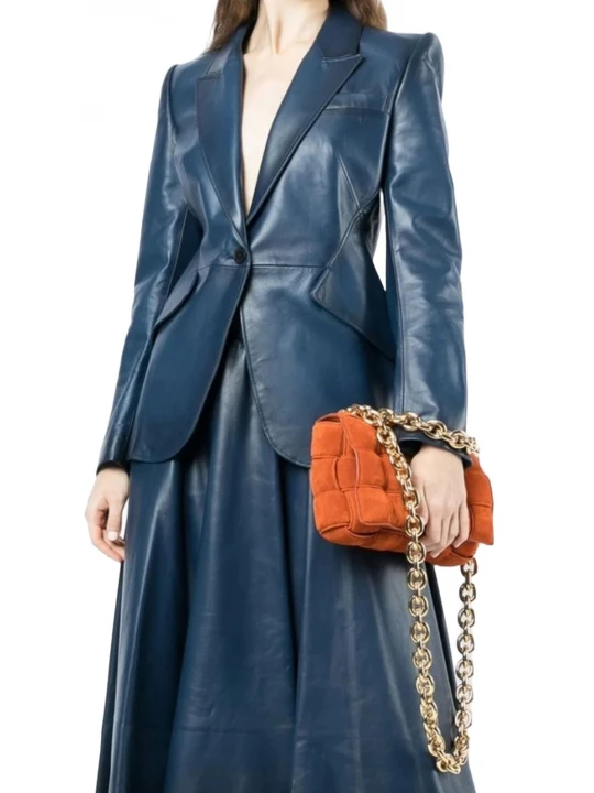Cross Flap Pockets Blue Leather Blazer