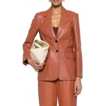Decorative Stitching Brown Leather Blazer