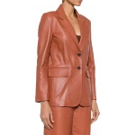 Decorative Stitching Brown Leather Blazer