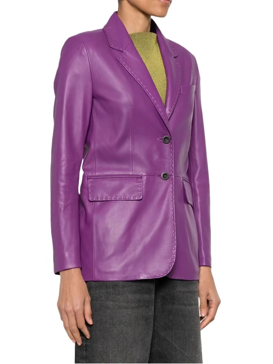 Decorative Stitching Purple Leather Blazer