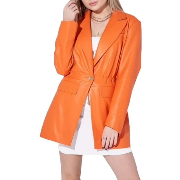 Elastic Waist Orange Leather Blazer