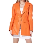 Elastic Waist Orange Leather Blazer