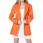 Elastic Waist Orange Leather Blazer