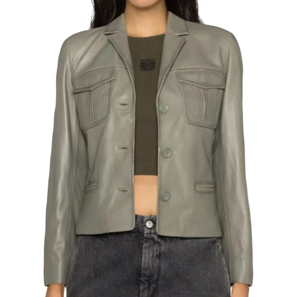 Four Pockets Grey Leather Blazer