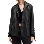 Fringe Detailing Black Leather Blazer