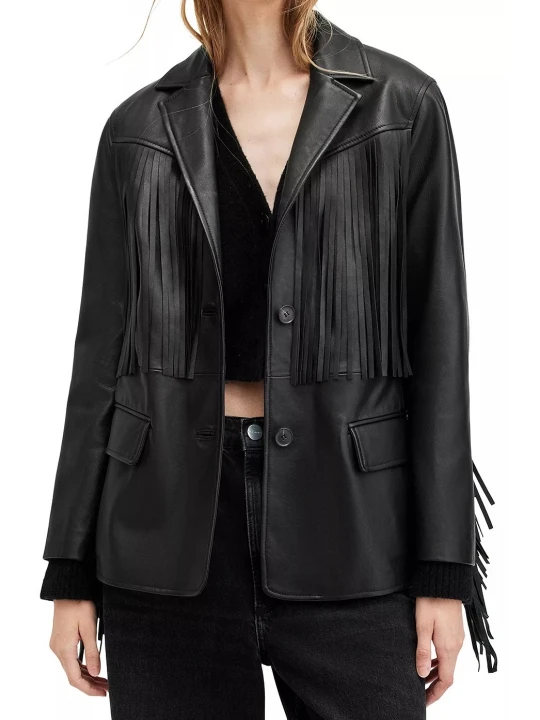 Fringe Detailing Black Leather Blazer
