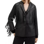 Fringe Detailing Black Leather Blazer