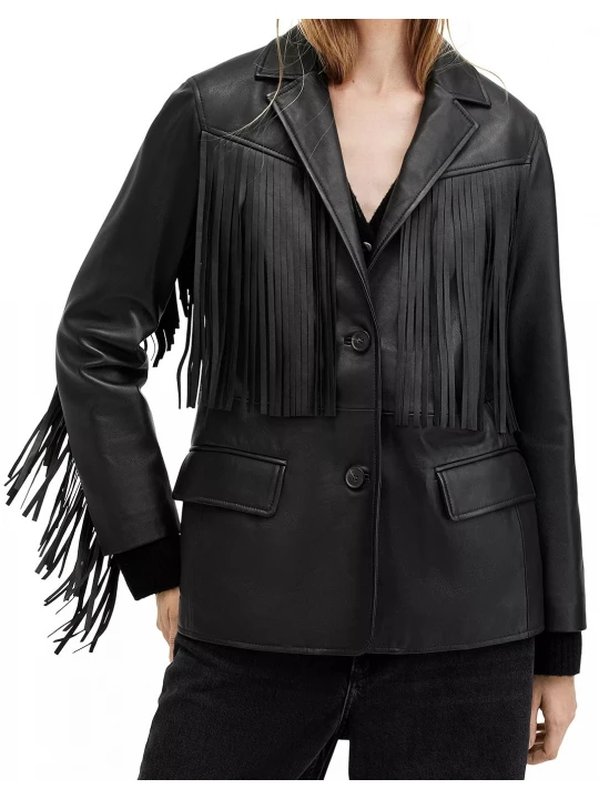 Fringe Detailing Black Leather Blazer