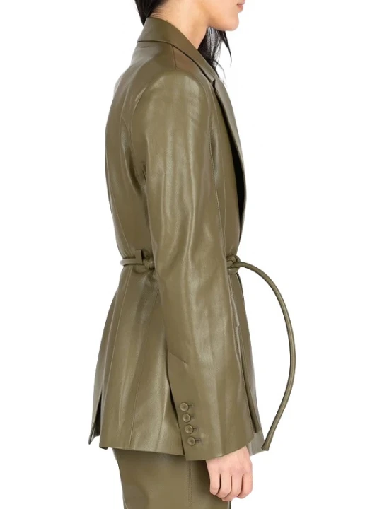 Front Tie Closure Brown Leather Blazer